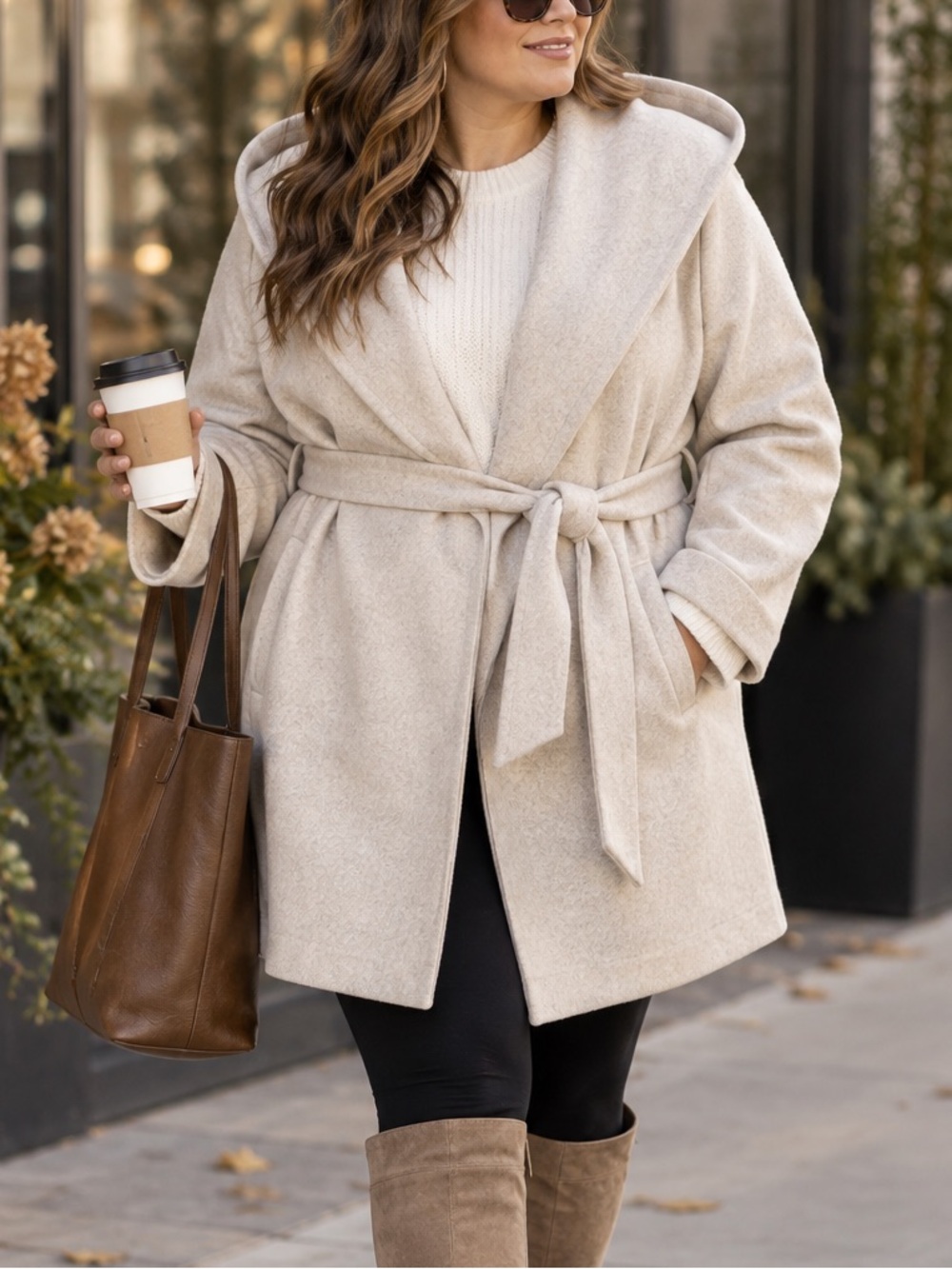 Love Tree Women’s 3X Oatmeal Hooded Belted Fleece Wrap Coat Jacket